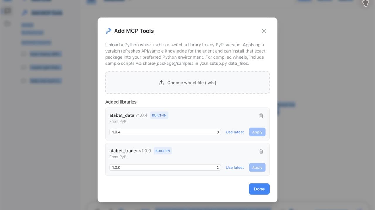 Add MCP Tools dialog with atabet_data and atabet_trader